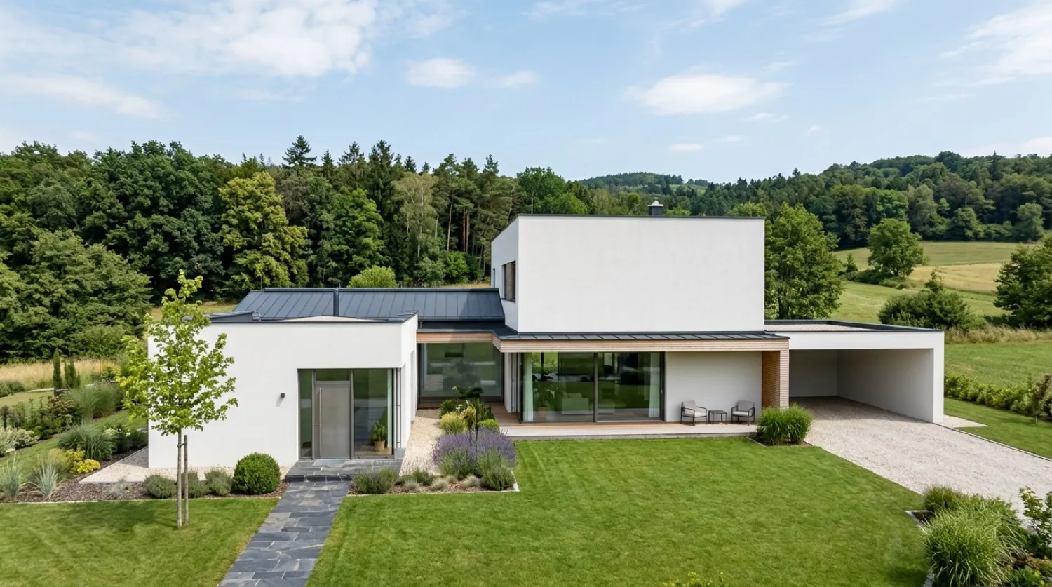 Fertiggestelltes Einfamilienhaus bei Tageslicht