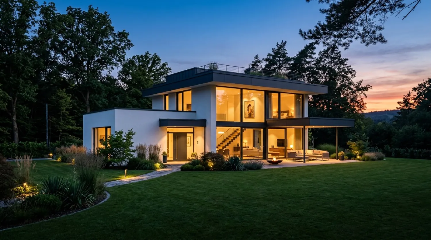 Modernes Einfamilienhaus bei Abenddämmerung